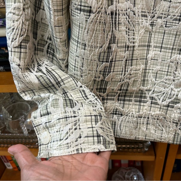 Women’s Jacket Blazer Cropped Textured Plaid Button Front Green White Black PL - Picture 5 of 10